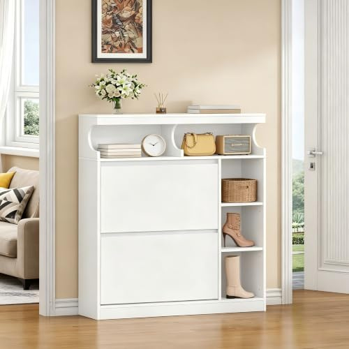 Hzuaneri Schuhschrank mit 2 Klappen, 3 Ablagefächer, 2 Geschossig Offen | Schmal Schuhschrank, Trennwand Verstellbar, Platzsparend, 12–15 Paar, für Flur, Eingang, Einzigartiges Design, Weiß, SR63303X