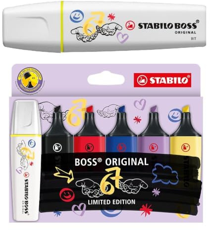STABILO - Textmarker - BOSS ORIGINAL Sonderedition Six-Seven 6-7 | 6er Etui Limited Edition: Neongelber Textmarker im Six-Seven Trenddesign und 5 weitere Textmarker