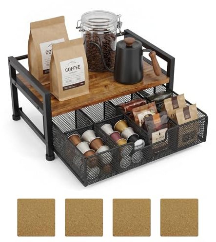Tea Bag Organizer, Brown Wood Tea Organizer with 8 Compartments Storage Chests, Large Capacity Teabag Storage Coffee Pod Holder for Coffee Station, Home, Office, Kitchen