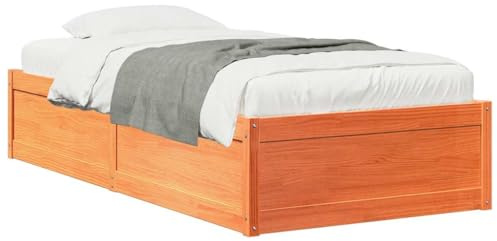 Foknhdi Bettgestell 90x190 cm aus massivem Kiefernholz, Einzelbett mit Lattenrost, modernes Design, rustikales Massivholzbett für Schlafzimmer, wachsbraun