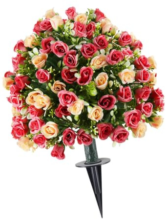 Karlak Rosal Artificial Elegante de bajo Mantenimiento, árbol Topiario para Jardín, Decoración de Boda Al Aire Libre, Bola Flores Plástico 14 Pulgadas (Rosa Frijol Rojo)