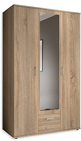 KARL Eleganter 3-türiger Kleiderschrank mit viel Stauraum - Mehrzweckschrank Sonoma Eiche mit Spiegeltür - 120 x 195 x 55 cm