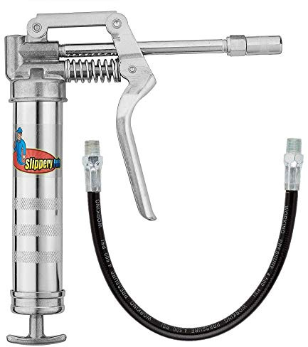 Slippery Pete Mini Pistol Grip Grease Gun. Heavy Duty Design for 3oz Cartridges. 12 inch Flexible Hose and 5 inch Rigid Extension Pipe