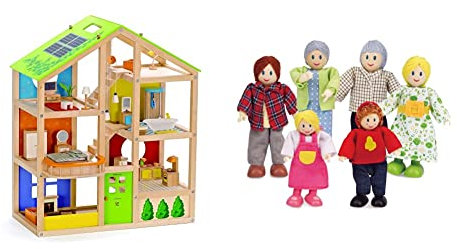 Hape E3401 Vierjahreszeitenhaus, Möbiliert & E3500 - Puppenfamilie, helle Haut