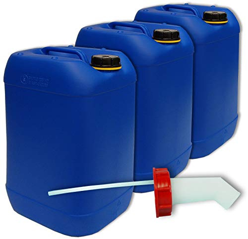 plasteo Lote de 3 bidones de Polietileno/Jerrycan 25 L Azul HDPE DIN61 Calidad alimentaria + 1 Pico vertedor (22248x3+22019)
