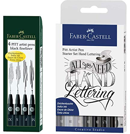 Faber-Castell Tuschestift Pitt Artist Pen 4er Packung, Inhalt: M, F, S, XS, schwarz inkl. 8er Hand Lettering
