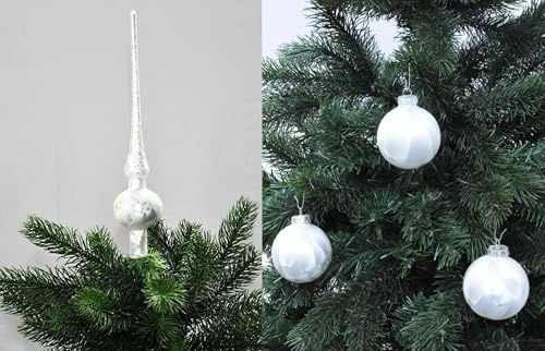 JACK by Thüringer Glas Eislack Christbaumspitze 28cm + 12x Christbaumkugeln 6cm Spitze Weihnachtskugel Set, Farbe:Weiß Eislack