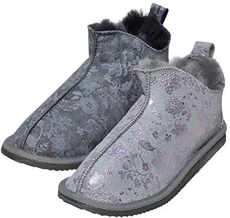 Hollert Damen Lammfell Hausschuhe Angel Fellschuhe Halbschuhe echtes Merino Schaffell weich bequem kuschelig Echtleder Schuhgröße 39, Farbe Grau