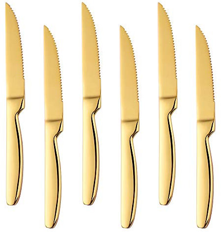 Upfood Stainless Steel Serrated Steak Knife Set of 6, BuyGo Gold Color Heavy Duty Dinner Table Knives for Cutting Meat, Beef, 8.6 Inch, Dishwasher Safe