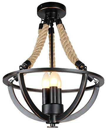 Rustikal Schwarz Deckenleuchte Deckenlampe Vintage Industrielle Retro Metall Hanfseil Lampe, Antik Decke Kronleuchter Rund für Wohnzimmer Esszimmer Schlafzimmer Küchen insel, 3-flammig, E14, D38x47cm