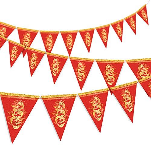 Whaline Lot de 20 fanions du Nouvel an Chinois 2022 - Bannière Triangulaire Rouge - Guirlande pré-assemblée pour Le Nouvel an Chinois - Fournitures de fête pour la décoration de la Maison, intérieur