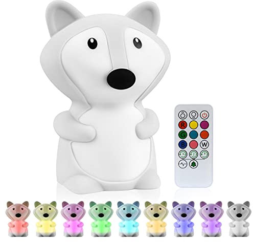 Vicloon Dimmbar Silikon Kinderzimmer Nachtlicht, Süße Fox Silikon Lampe, Nachtlicht Kinder Silikons Mit Timer, Niedliches Nachtlichts Wiederaufladbar mit 9 Farben und Timer, Nachtlampe Kinderzimmer