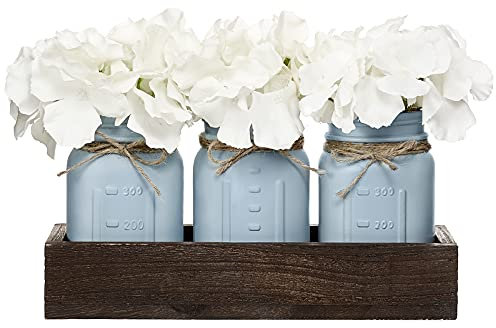 Mkono Mason Jar Centerpiece Decorative Wood Tray with 3 Painted Jars Artificial Flowers Rustic Country Farmhouse Thanksgiving Decoration for Coffee Table Dining Room Living Room Kitchen