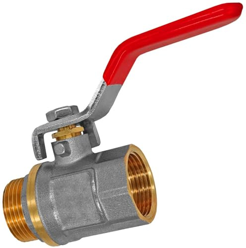 MegaHaustechnik Kugelhahn aus Messing, 1“ IG x AG, roter Hebelgriff Stahl verchromt, 1 Zoll Innengewinde und Außengewinde DN25, Trinkwasser geeignet, Druck 30 Bar, Absperr-Ventil