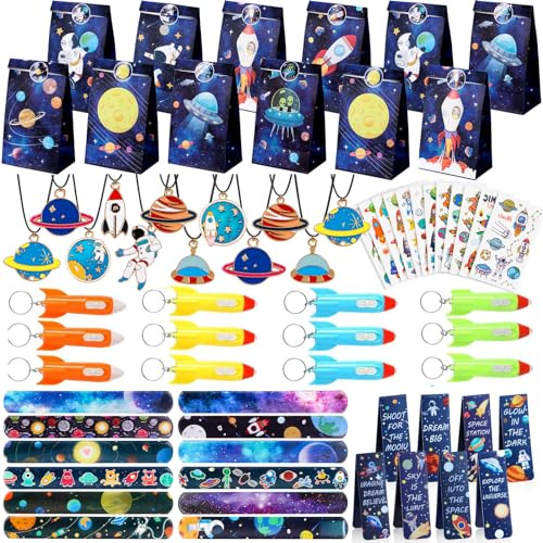 Tacobear 72 Stück Weltraum Party Mitgebsel Kindergeburtstag mit Geschenktüten Lesezeichen Kinder Schnapparmband Raketen Schlüsselanhänger Planeten Halskette Tattoos Gastgeschenke für Jungen