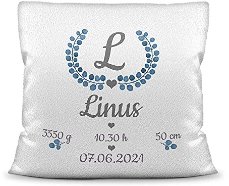 Print Royal Kissen mit Füllung - mit Geburtsdaten Personalisieren - Babygeschenk für Jungen, Geschenk zur Geburt oder Taufe, Geburtskissen, Namenskissen fürs Baby I Kissen Weiß flauschig, 40x40 cm
