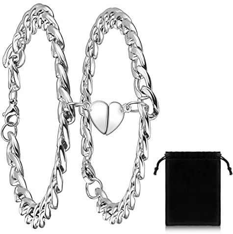 Jadive 2 Pulseras de Pareja de Acero Inoxidable Pulsera de Cadena Magnética Brazalete de Amistad Brazalete Magnético de Amor con Imán de Corazón para Regalo Novios San Valentín Hombres Mujeres