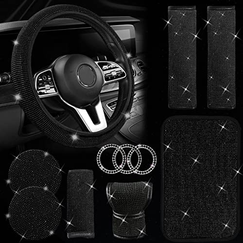 JINGSEN 11-teiliges Bling Autozubehör-Set, Bling Autozubehör-Set für Frauen, Bling Lenkradbezug für Frauen, universelle Passform, 38,1 cm, Strass Mittelkonsole Abdeckung (schwarz)