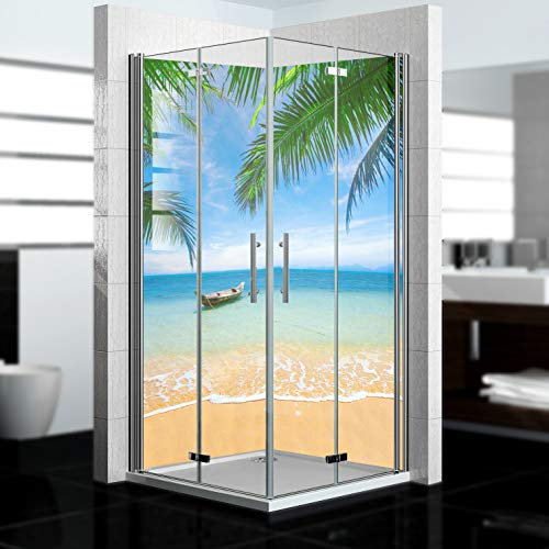 dedeco Eck-Duschrückwand wasserfest Motiv: Strand V2, 2 x 100x200 cm, als Badrückwand zum Fliesenersatz, als Dekorwand, Wandverkleidung und Duschplatte aus Aluminium - Made in Germany