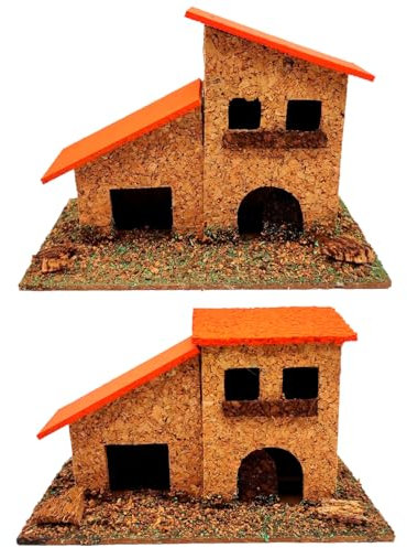 Tradineur - Pack de 2 figuras Casas de Corcho y Resina para belén navideño 9,5 x 14 x 7 cm, casa de Pueblo, Aldea Decorativa para Nacimiento, Pesebre, Navidad, decoración Tradicional, Modelo Aleatorio