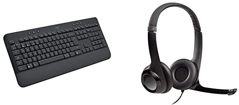 Logitech Signature K650 Wireless Keyboard - Grey & H390 Wired Headset for PC/Laptop, Stereo Headphones with Noise Cancelling Microphone, USB-A, In-Line Controls, Works with Chromebook - Black