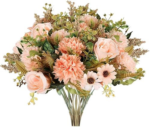 Künstliche Blumen, 3 Bündel, künstliche Herbstblumen, rosa, künstliche Rosen, Herbstblumen, Seidensträuße mit Hortensien-Arrangement für Herbst, Hochzeit, Party, Braut, Babyparty, Heimdekoration