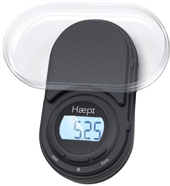 Haepi, báscula electrónica de cocina de alta precisión, 200 g/0,05 g-500 g/0,1 g, pantalla retroiluminada, ultracompacta, función tara/líquida, bandeja de pesaje, pilas incluidas, garantía de 15 años