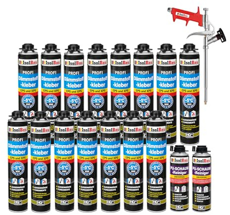 Isolbau B2 Dämmstoffkleber SET - 15 x 750 ml Perimeterkleber, 2 x PU-Schaum-Reiniger & 1x Schaumpistole für EPS & XPS-Platten - 1K PU-Klebeschaum für Dämmung und Isolieren