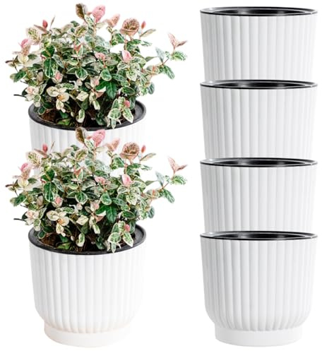 Maceta de plantas, maceta de planta autónoma, 6 piezas de plantilla autocomplaciente 6 '' maceta de plástico con agujeros de drenaje y cuerda de mecha, macetas violetas africanas para plantas de inte