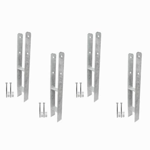 1 Set bestehend aus 4 H-Pfostenträger feuerverzinkt verstärkt 5,5/600 mm für 90 mm Pfosten, inkl. Befestigungsset