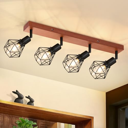 Glitzerlife Deckenstrahler Schwarz 4 Flammig E14 Denckenspots Holz | Vintage Metall Deckenlampe Schwenkbar 350° MAX.25W Innen für Schlafzimmer Wohnzimmer Esszimmer Küche Ohne Leuchtmittel