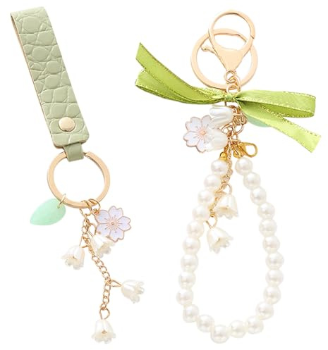 DAZZLUXE Porte-clés en Cuir Pour Femme - 2 Pièces en Forme de Fleur - Accessoire de Voiture, Vert, Taille Unique