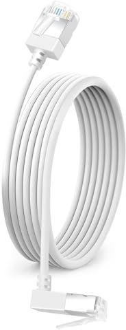 Cable Ethernet Gigabit Fino Cat6 con ángulo Descendente de 90° 1M, UTP | Cable de Red 90 grados Cat6a, Cordón RJ45 Acodado 90°, Cordón Internet Delgado & Flexible, para PC, Router, Windows (Blanco)