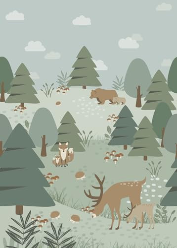 ESTAhome fotomurale foresta con animali della foresta verde 200 x 279 cm