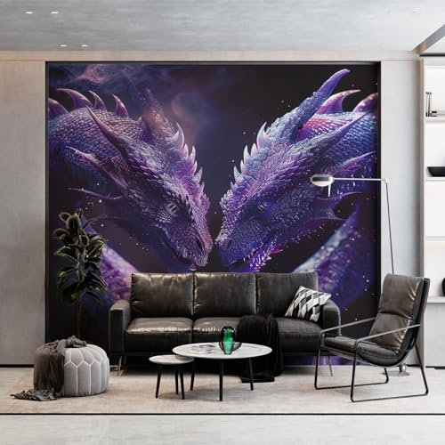 3D Tapete Fantasie Lila Drache Fototapete, Violett Wandbild Wandtapete Haupt dekorationen für Wohnzimmer Schlafzimmer Büro, Flur, 300 x 210 cm (WxH) Vlies Tapete Wanddeko