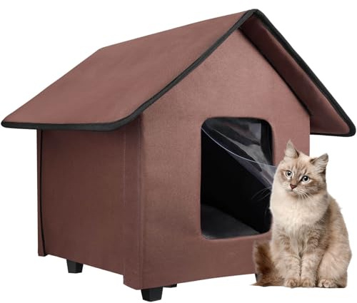 Katzenhaus für draußen, wasserdicht, mit erhöhtem Boden und abnehmbarem Kissen, Faltbarer Katzenunterschlupf für draußen, Winterhaus für draußen lebende Katzen, Wildkatzen und kleine Hunde, Braun