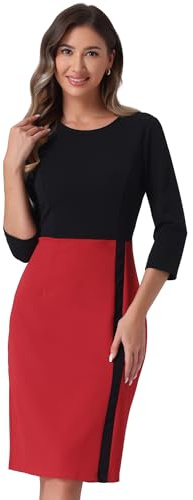 Allegra K Robe Crayon Élégante pour Femmes Col Rond Manches 3/4 Contraste Robes Fourreau de Bureau Rouge XL