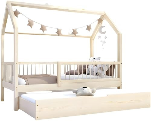 Profiwood Kinderbett mit Zusatzbett 70x140 cm - Hausbett mit Rausfallschutz, 2 elastische Lattenroste bis 150kg, skandinavisches Design, Schubladen, FSC-zertifiziertes Kiefernsperrholz