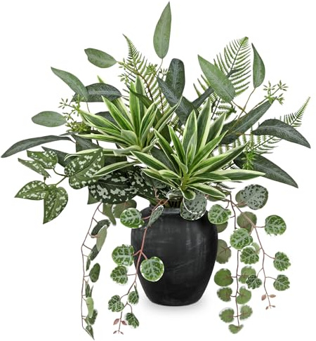 Oairse Artificial Greenery Arrangement with Cement Vase, Fake Potted Plants in Rustic Jug Planter, Faux Leaf Bouquet for Table Centerpiece, Farmhouse Home Office Decor, Living Room, Shelf Decoration