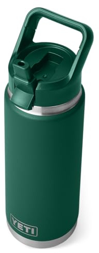 YETI Rambler 26 oz (769 ml) Water Bottle with Straw Cap, Black Forest Green | Insulated Stainless Steel Water Bottle with 100% Leakproof Straw Cap, Easy Carry Handle, Dishwasher Safe