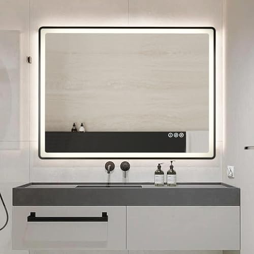 KUNYEEE Badezimmerspiegel Led Badspiegel rechteckig, Touch-Schalter, Dimmbar, 3 Lichtfarbe Einstellbare Spiegel Bad mit Beleuchtung, Wandspiegel mit Licht, Beschlagfrei 80x60 cm
