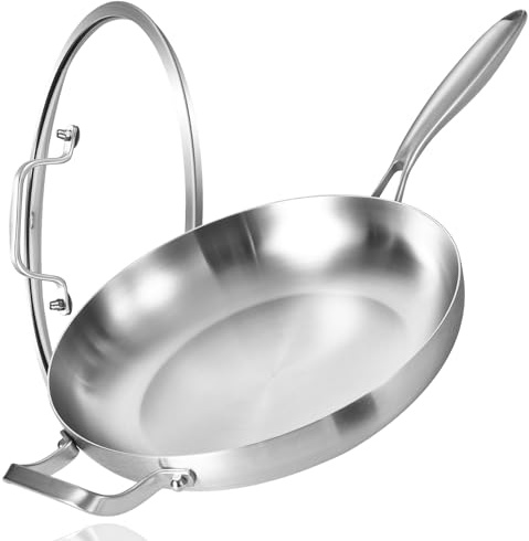 Inqibee 12 Inch Tri-Ply Stainless Steel Frying Pan with Lid and Helper Handle, Skillet, Induction Cooking Pan, Dishwasher and Oven Safe, Detachable Handle.