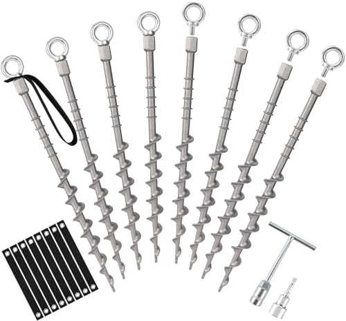 Keltrion 8 PCS Screw in Tent Stakes for Women Men Ground Anchors for Sand, Trampolines, Camping - Aluminium Heavy Duty Rust Prevention Pegs Spikes Drillable Threaded Anchor Stake - Silvery 14 inch