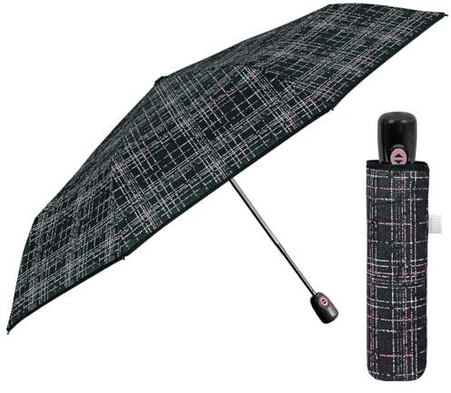 PERLETTI Paraply Tåligt Vindsäkert Enfärgade Dam - Reseparaply med Automatisk öppning Stängning - Miniparaply Snabbtorkande Regnskydd Kompakt - Diameter 98 cm (Svart Tweed)