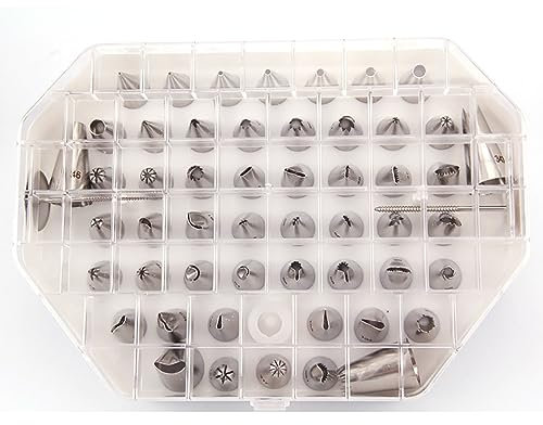 Icing Piping Tips Set - 55 Stainless Steel Nozzles with 52 Numbered Tips, 2 Flower Nails, and 1 Coupler for Cake and Cupcake Decorating