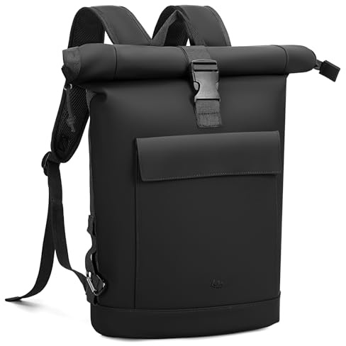 Lekespring Rolltop Rucksack Damen & Herren, Wasserdichter Laptop Rucksack mit 17 Zoll Fach, Stylischer Tagesrucksack für Uni, Arbeit, Reisen und Freizeit, Erweiterbar & Vielseitig (Schwarz, L)