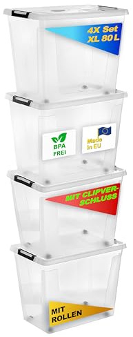 Gardissimo Aufbewahrungsbox Clip 4er Set 80 Liter transparent | Mit Deckel und Rollen, Kunststoff Stapelboxen, Clip-Verschluss, MADE IN Europe, BPA-frei
