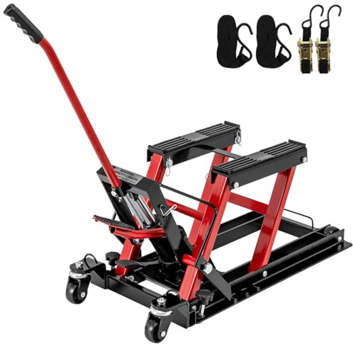 HOMFME 680 kg Hydraulic Motorcycle Lift Jack, Motorbike Lifting Stand with 3-Level Height Adjustable Platform, Wheels, Heavy Duty Motorcycle Jack Lift Table Hoist Stand for ATV UTV Quad (Red)