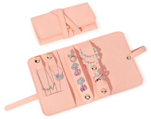 DIFLAX Pieghevole Rotolo per Gioielli Borsa Rotolo, Portagioie da Viaggio Morbido Donna, Portatile Portagioie Organizzatore per Bracciali Orecchini Anelli Collane Gioielli (Rosa)