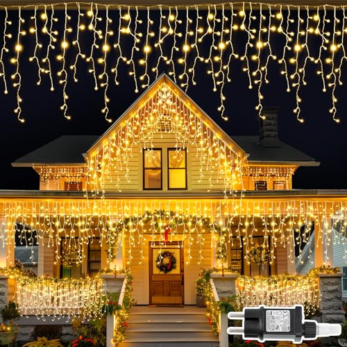 Eisregen Lichterkette Außen, 15M 624LED Warmweiß Eisregen Weihnachtsbeleuchtung mit Timer, IP44 Wasserdicht Lichtervorhang 8 Modi für Innen Außen Balkon, Party, Hochzeit, Haus, Fenster, Garten Deko